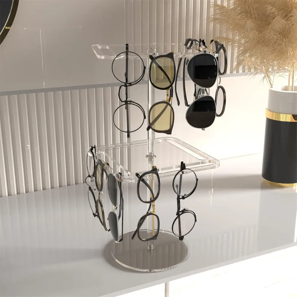 360° Rotating Acrylic Eyewear Display Stand Crystal Clear Desktop Sunglasses Organizer Multi-Tier Rotating Glasses Showcase-Morshopfitting (3)